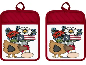 Farmhouse Pot Holders - Patriotic Chicken Flowers Designs - Kitchenware, Bakeware, Machine-Safe Kitchen Accessory (DZ054DPH)