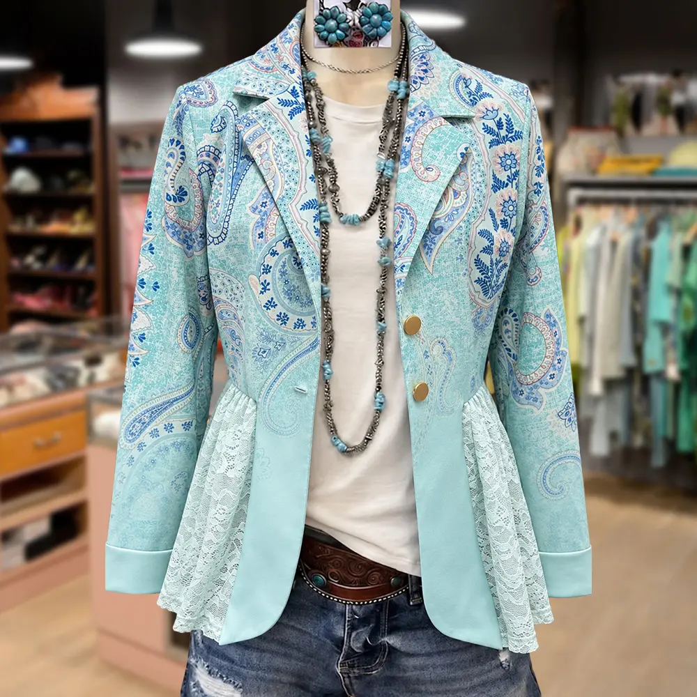 Cherrybetty Gradient Paisley Print Lace Patch Blazer Outfits Women's Clothes Fall Winter Fashion Classy Tops Going Out Outfit Inspo Trending Tops