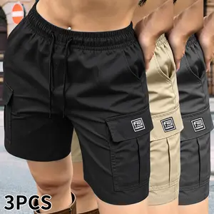 Set of 3 women’s casual cargo shorts featuring a drawstring elastic waistband, multifunctional pockets, solid color; suitable for outdoor sports, fitness, running, and casual wear; summer women’s shorts.summervibes