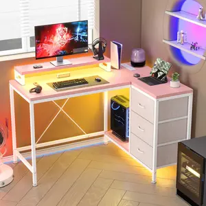L Shaped Desk with Power Outlets & LED Lights, Computer Desk with Drawers & Shelves, Corner Desk Gaming Desk Home Office Desk