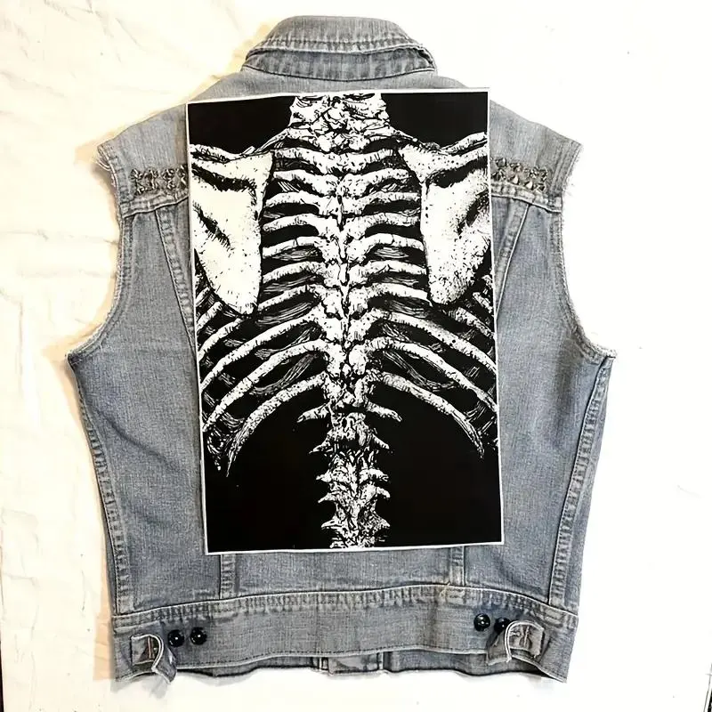 1PC Spine Skeletons Printed Large Back Patch Chest Radiograph Dtf Iron On Distressed Patches For Clothes Jacket Ribcage Bones Goth DIY Gift, Halloween