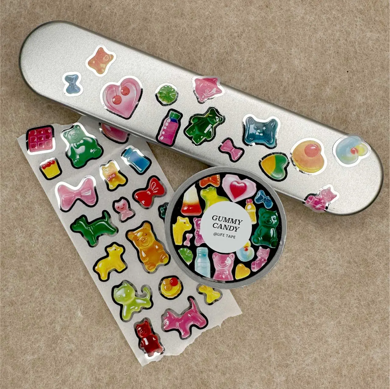 Holographic Silver Kawaii Cute 3D Puffy Gummy Candy Sticker Roll - 3D Gummy Bears, Hearts, Bows, Cats, Dinosaurs for Scrapbooking, Planners, DIY Crafts
