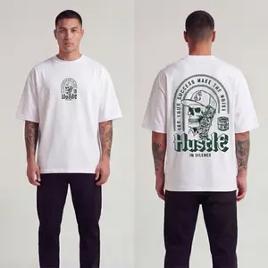 Hustle Oversized T-shirt - White with Skull Design and Inspirational Text for Men