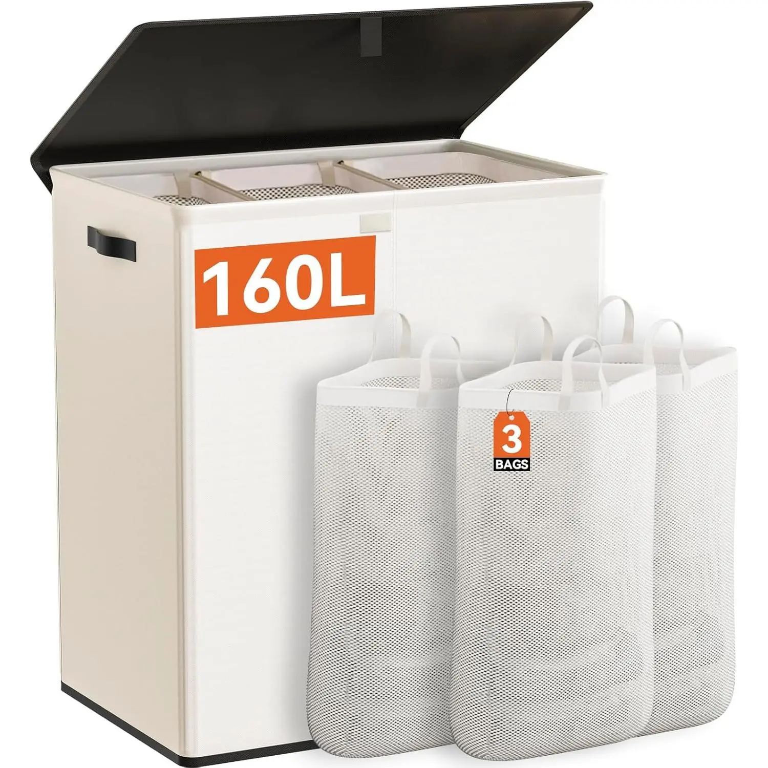 Laundry Hamper with Lid,160L Large Laundry Basket 3 Section with Removable Washing Bags,Collapsible  Dirty Clothes Hamper for Laundry Room Bathroom Dorm,Beige