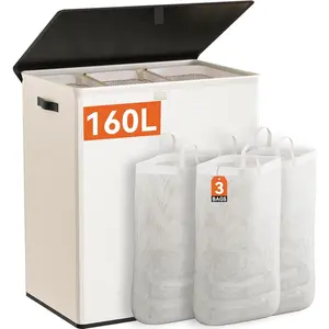 Laundry Hamper with Lid,160L Large Laundry Basket 3 Section with Removable Washing Bags,Collapsible  Dirty Clothes Hamper for Laundry Room Bathroom Dorm,Beige