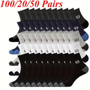 100/20/50 Pairs Women's Men's Mid-Calf Athletic Socks - Breathable Sweat Absorbent, Elastic Ribbed Cuff, Multi-Color Pack for Sports & Casual Wear