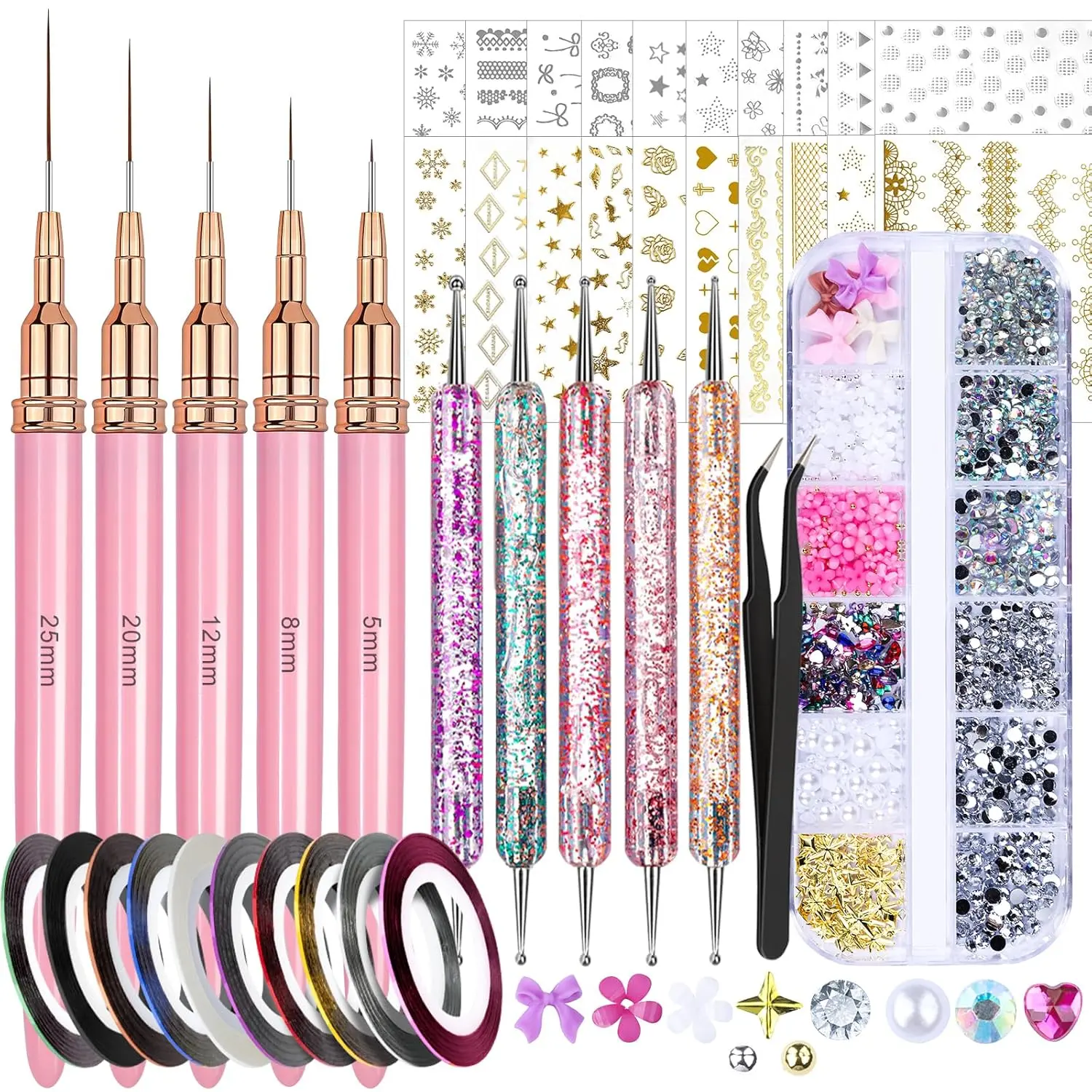 10PCS Nail Striping Tape Lines With Nail Art Tools, Nail Charms, 20PCS Nail Stickers, Liner Brushes For Nails 5/8/12/20/25mm, Nail Dotting Tool