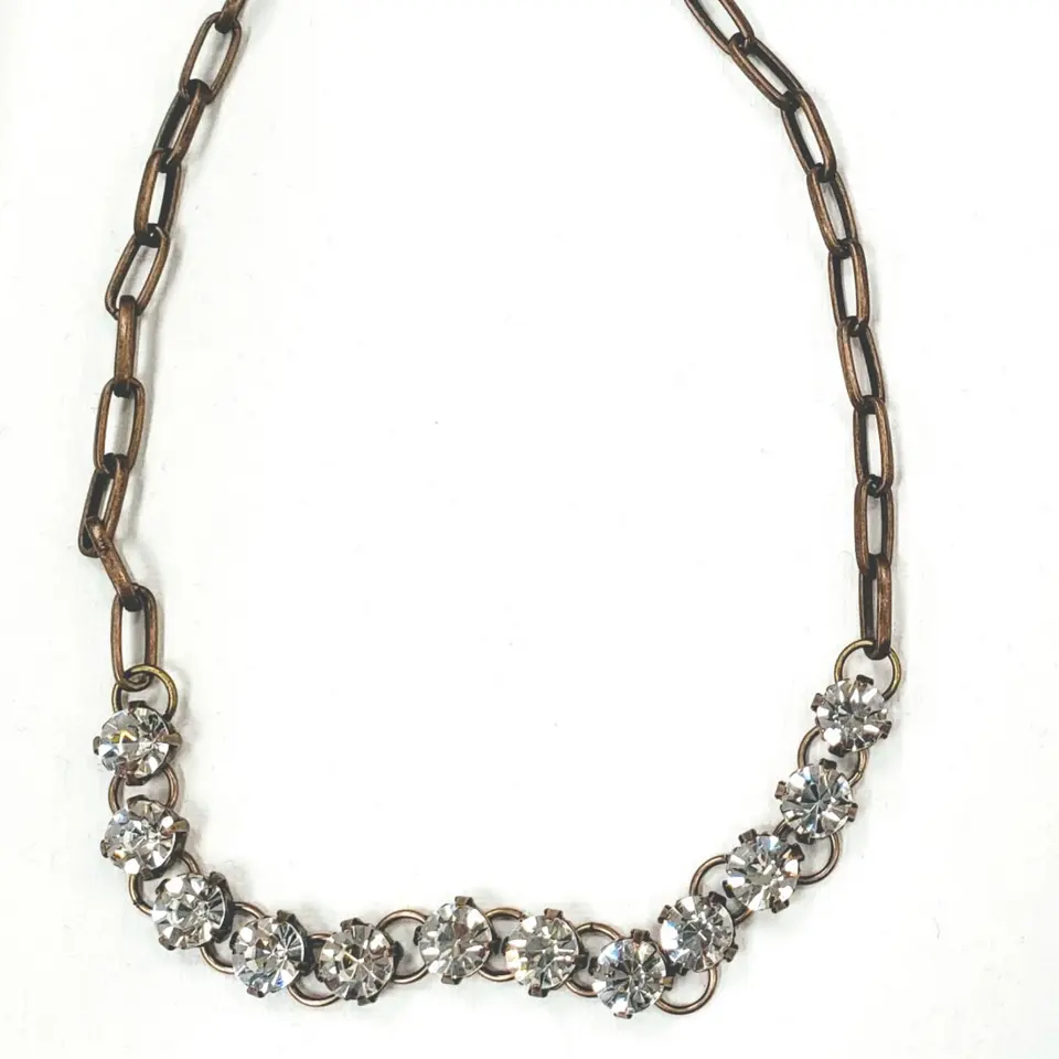 Chunky Oxidized Antique Bronze Chain Rhinestone Costume Necklace, Fashion Accessory