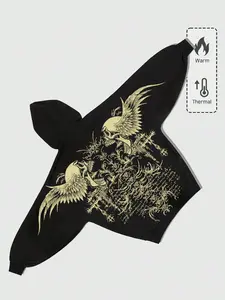 Batwing Trendy Street Hooded Sweatshirt Sleeves Skull Wings Pattern Loose Fit Unisex Pullover, Fall & Winter Fashion