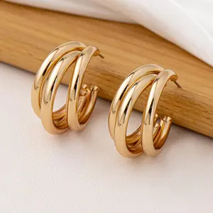 Chunky Gold Plated Triple Circle Stud Earrings for Women 3.2cm x 3.4cm Statement Charming Unique C-Shaped Stainless steel Earring Trendy Prom Party Costume Jewelry Accessories Gift