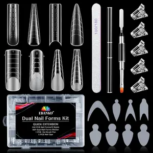 EBANKU Dual Form Kit, 288PCS Poly Gel Forms for French Nails, 8 Styles Reusable Silicone Pads, 5PCS Clips, Brush Pen, Files Buffer, Extension Kit for Beginner