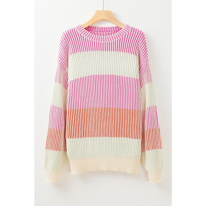 Pink Colorblock Textured Knit Bubble Sleeve Sweater