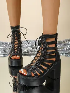 Women's 10CM Chunky Heel Gladiator Platform Sandals | Gothic Punk Street Style | 4CM Waterproof Platform Lace Up Front Back Zipper Hollow Out Non-slip Open Toe Ankle Boots | For Ladies Daily Wear Rave Festival Party Club Night Out