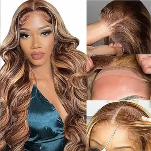 28-inch detachable non-adhesive hair cap 13x6. Blair's front wig - human hair - front wavy style - Blair's front highlight hairstyle - coffee-colored blonde hair - processed for hair removal, suitable for black women, 180% density