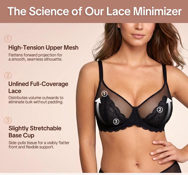 HSIA Mermaid Scales Sexy Lace Plus Size Unlined Underwire Non-padded Full Coverage Minimizer Bra with Back Smoothing for Women Large Bust HSIA Mermaid Scales Sexy Lace Plus Size Unlined Underwire Non-padded Full Coverage Minimizer Bra with Back Smoothing for Women Large Bust
