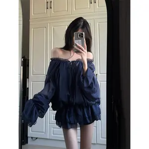 Y2k Elegant Chiffon Shirts Women  Sexy Slash Neck Ruffles Blouses Summer Korean Aesthetic Long Sleeve Bandage Design Tops New