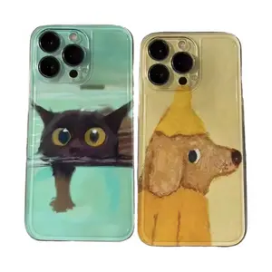 Funny Unique Artistic Painting Cat Dog Couple Transparent Phone Cases For iPhone 17 16 15 14 13 12 11 Promax Pro Air Plus Shockproof Cover Protection Gifts For Christmas Halloween Birthday