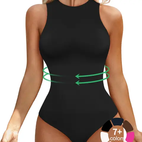 Women's Tummy Control Compression Smooth Shapewear Underwear Bodysuit, Round Neck Shaper Seamless Sleeveless Racerback Tank Thong Bodysuit Lady, Abdomen Control Garment