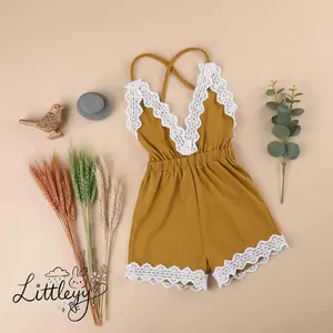 Baby Girls Halter Lace Romper, Sleeveless Yellow Backless Jumpsuit, Summer V-neck  Outfits