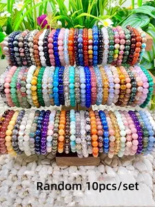 10pcs Colorful Natural Stone Bracelets Set, Elastic Wristbands for Men & Women, Handmade Jewelry Gift Idea, Random Colors Matching Design, Beaded Bracelet