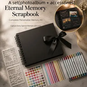 DIY Black Scrapbook Photo Album Set, Scrapbooking Kit, Hardcover Spiral Bound Photo Diary, Ribbon Sealing, Suitable for Couples, Weddings, Birthdays, and Travel Memories