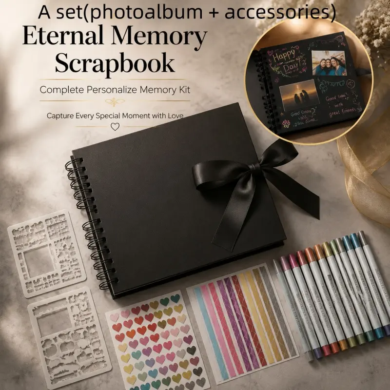 DIY Black Scrapbook Photo Album Set, Scrapbooking Kit, Hardcover Spiral Bound Photo Diary, Ribbon Sealing, Suitable for Couples, Weddings, Birthdays, and Travel Memories, Scrap Books Album