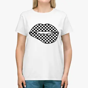 Checkerboard Lips Women's Graphic Tee Vintage Streetwear Aesthetic Oversized Short Sleeve Crewneck Soft Cotton Casual Summer Outfit Going Out Gift