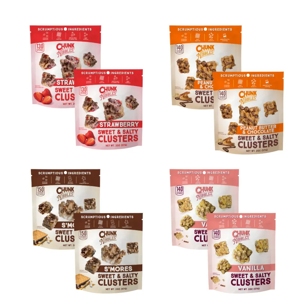 Chunk Nibbles Snack Clusters - Travel size | 8 Pack | 2 oz Bags | 4 Flavors- Peanut Butter Chocolate, Strawberry, S'mores, Vanilla | Sweet & Salty Clu