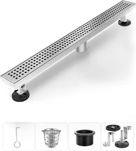 Linear Shower Drain, Modern 304 Stainless Steel Shower Floor Drain with Removable Grate, Adjustable Leveling Feet, Rectangular Design, Easy Installation