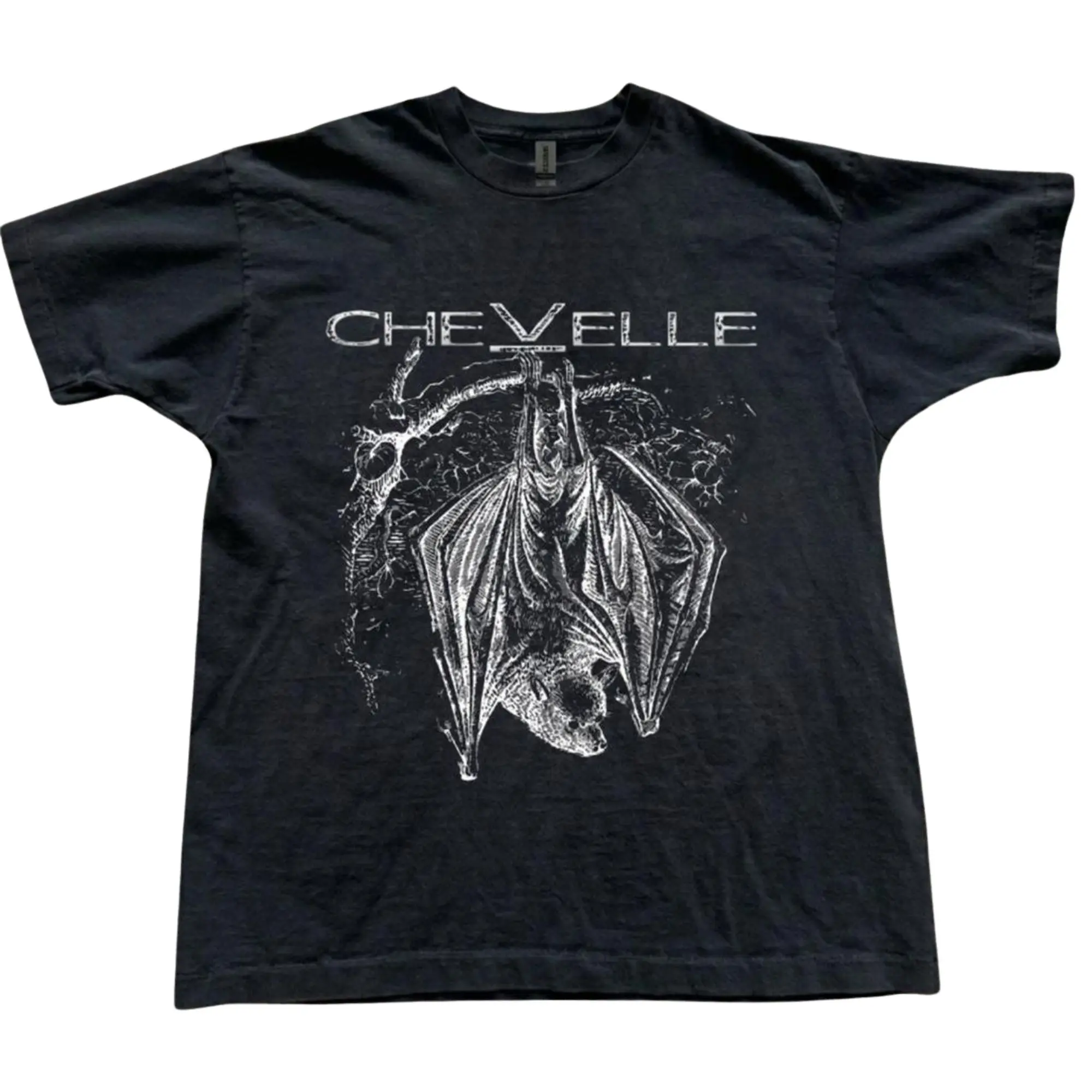 Chevelle Hanging Bat Rock Band Graphic T-Shirt, Detailed Intricate White Line Art Stencil of Bat Under Block Logo Text, Unisex Streetwear Tee for Alt Rock Fans, Alternative Grunge Outfit