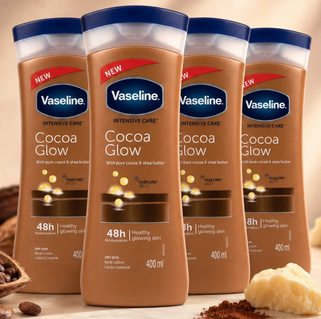 Vaseline Intensive Care Cocoa Glow Lotion Value Bundle (400ml / 13.5oz) 48HR Body Cream Moisturizer Pure Cocoa & Shea Butter for Dry Skin Multipack Set