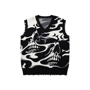 Men’s Gothic Skull Cross Embroidered Knit Graphic Sleeveless Vest, Crew Neck Pullover for Autumn & Winter, Trendy Street Fashion