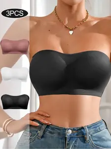 1/3/4Pack Women's Smooth Seamless Bra Anti-Slip Side Buckle Bralette, Medium Support Bandeau Strapless Bra, Casual Style, Basic, All Seasons, 4 Pack, Lingerie