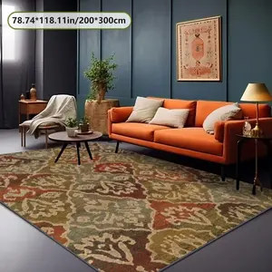 Velvet Soft Retro Geometric Pattern Rug, Moroccan Geometric Rug, 2D Printing Rug Home Decor, Commercial Decor Carpet, Living Room Rug, Dining Table Carpet