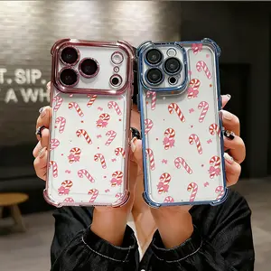 Christmas Candy Cane Pink Bow & Stars Magnetic Phone Case for iPhone 17 Air 16 Pro 15 14 Plus 13 Pro Max 12 11 Shockproof Anti-Slip Wireless Charging Compatible Aesthetic Festive Design Silicone Acrylic Transparent Cover Protective Smartphone Casing tpu