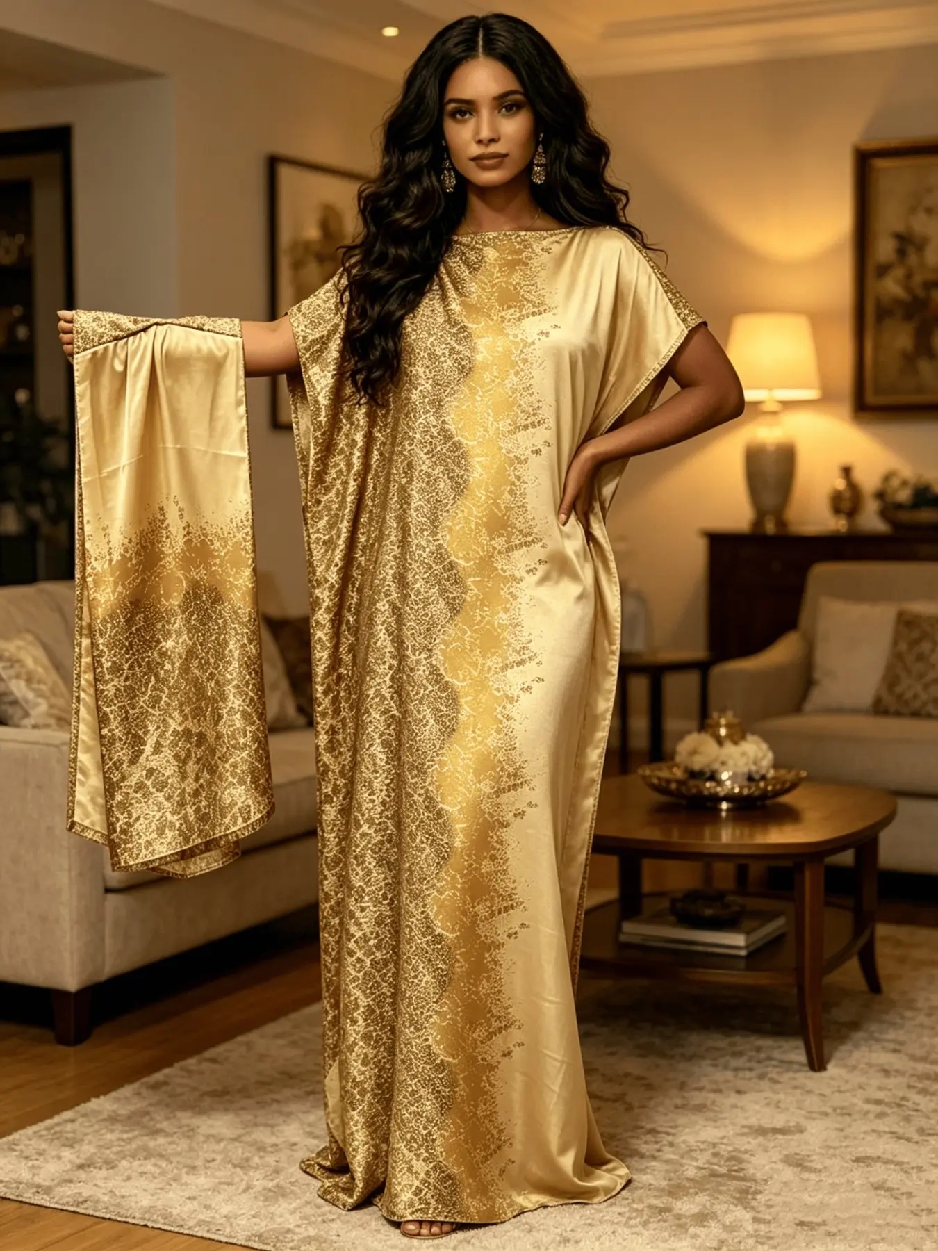 Bold Ethnic Print Robe & Scarf Set, Maxi Dress & Scarf, Flowing Silhouette, Vibrant Color, Perfect for Party, Evening & Resort Wear, Statement Matching Set