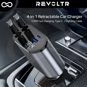 4-in-1 Retractable Car Charger, 120W USB-C Smart Fast Adapter with Lightning Cable & Dual Ports for iPhone, iPad, AirPods, Samsung, Google Pixel