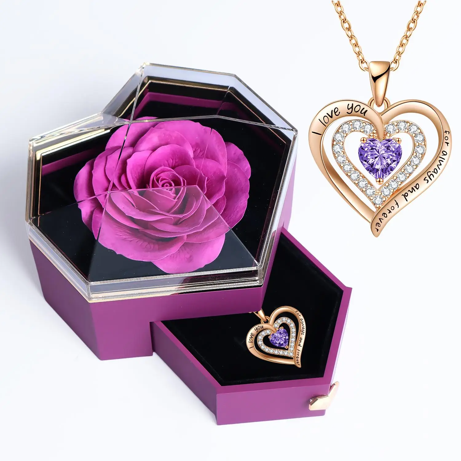 Boyfriend Gifts Artificial Rose Design Necklace with Gift Box & Gift Bag Set, Flower Decor Heart Shaped Necklace Gifts Set for Women, Love Necklace, S