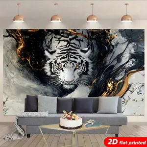 White Tiger Tapestry Wall Hanging, Modern Black-Gold Metallic Marble Abstract 2D Flat Printed Decorative Wildlife Art, Luxury Animal Home Decor for Living Room, Ideal Gift for Man Cave Enthusiasts