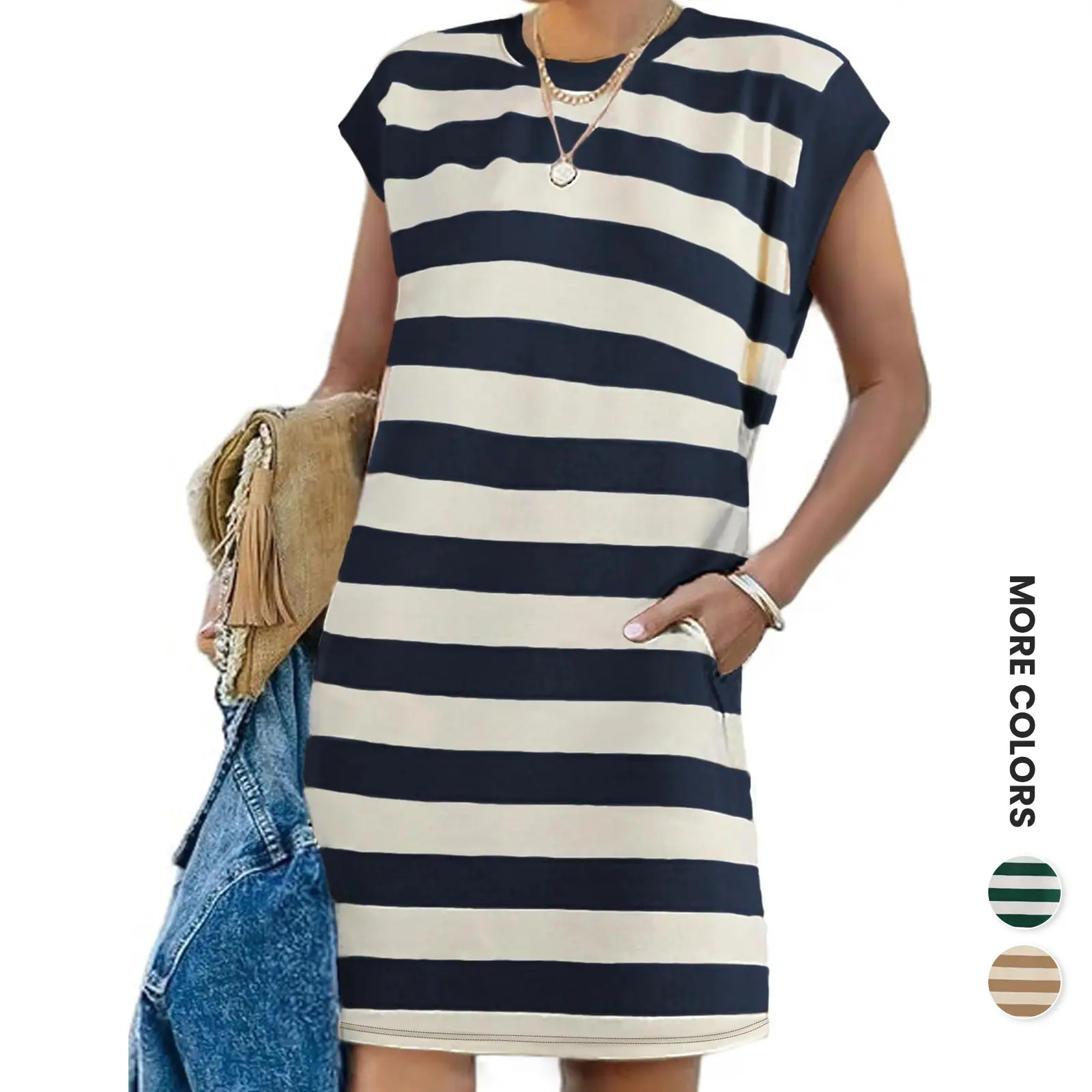 Renaishow Womens Summer Striped T Shirt Dress Crew Neck Cap Sleeve Color Block Casual A Line Short Dresses with Pockets