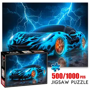 1pc 1000 piece adult puzzle 70x50cm Sports Car with Blue Flame Design under Lightning500 pieces of paper jigsaw puzzle, suitable for adults and families, large-scale DIY puzzle interactive toy games