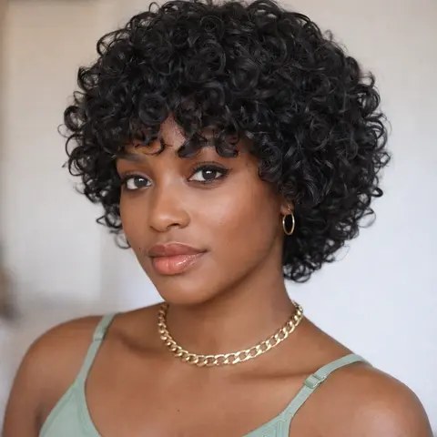 Ronashow 100% Human Hair Short Curly Wig with Bangs, Machine Made Full Wig, Natural Black Tight Curls, Glueless & Beginner Friendly