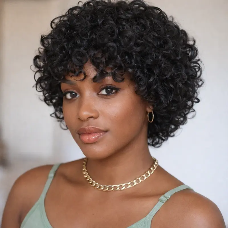 Ronashow 100% Human Hair Short Curly Wig with Bangs, Machine Made Full Wig, Natural Black Tight Curls, Glueless & Beginner Friendly