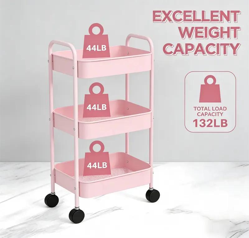 Pink Rolling Storage Trolley – 3-Tier Metal Organizer with Lockable Casters for Office, Kitchen, Bathroom & Dorm Use – Large Capacity for Supplies, Makeup, Crafts