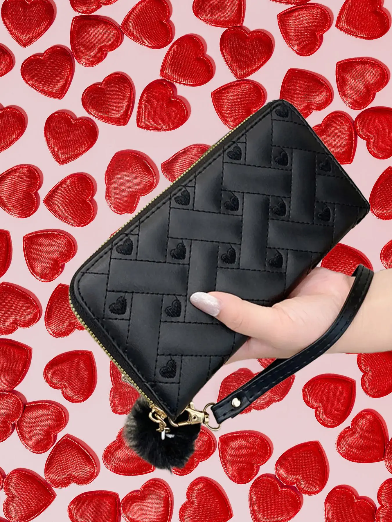 Valentine's Day Style Women's Fashion Geometric Heart Embossed Long Wallet with Pom Pom Charm Pendant, Casual Pu Leather Zipper Card Holder, Minimalis