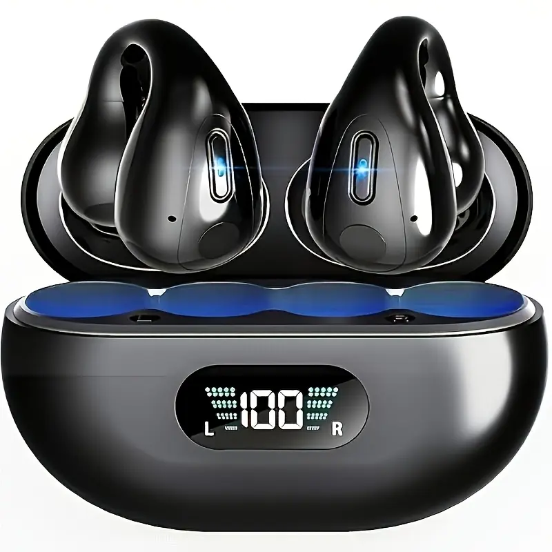 Wireless Open Ear Headset, Bluetooth 5.3 Audio Earbuds with 90Hz HD Stereo, Noise Cancelling, Touch & Call Control, Microphone, LED Power Indicator, Rechargeable for Sports, Driving (Compatible with Cellphones)
