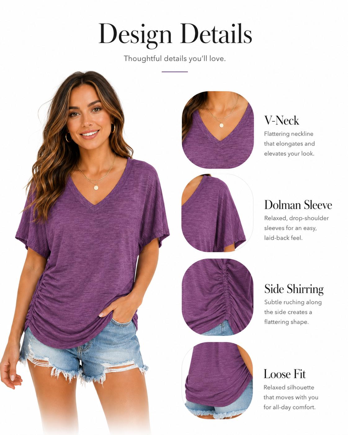 WIHOLL Womens Short Sleeve V Neck Dolman Tops with Side Shirring Loose Fit Shirts