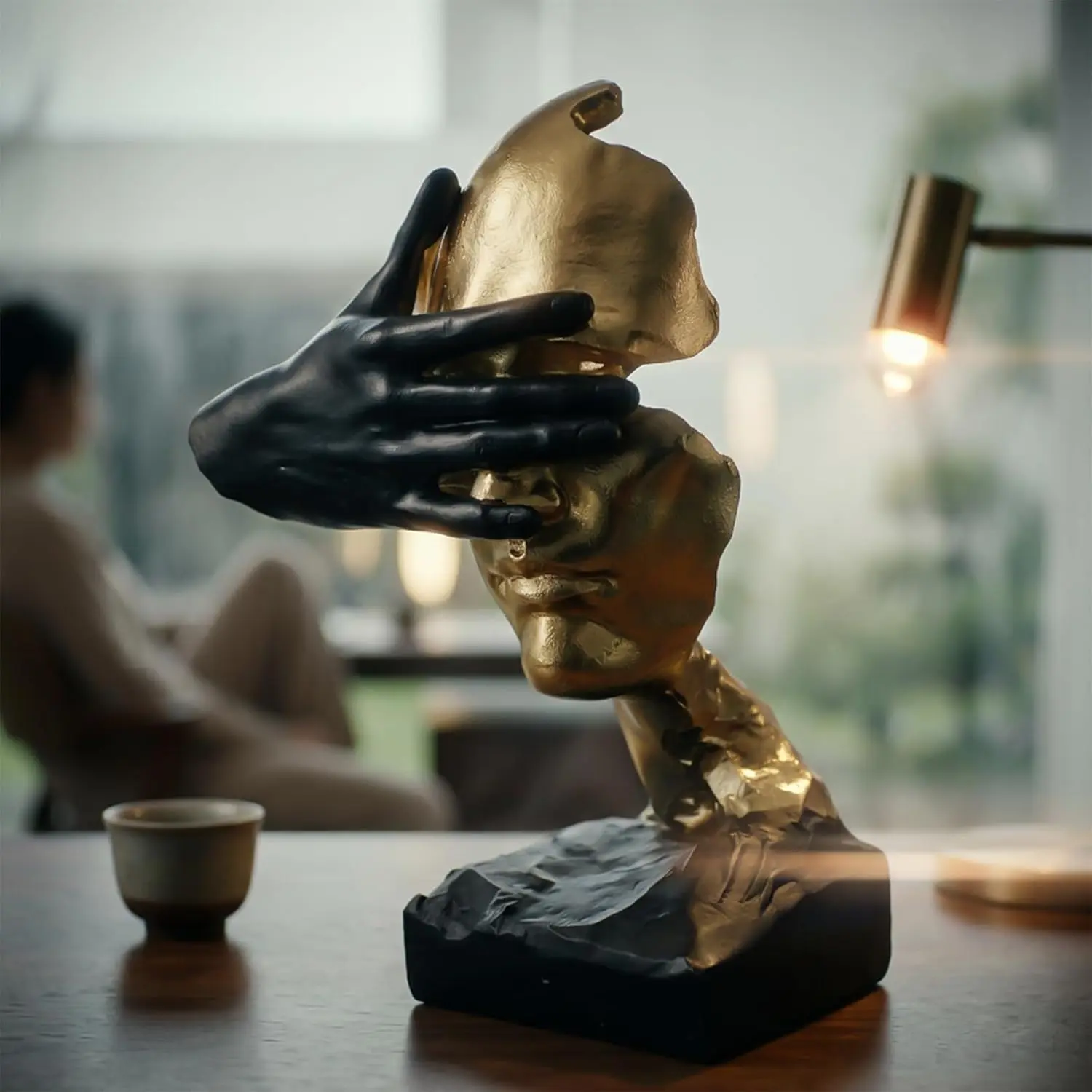 Thinker Statue Abstract Sculpture, Silence Is Gold Blindfolded Gold Face Resin Figurine, No See No Hear No Speak Modern Philosophical Art Decor Accent, Decorative Objects for Home Office Bookshelf Desktop Shelves