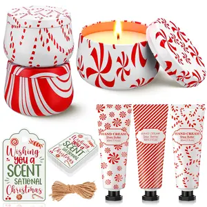 3 Set/ 6 count Christmas Candy Cane Scented  Bulk for Women 3.5oz Peppermint Scented Candles Hand Cream Lotion Set Xmas Stocking Stuffer  Sister Gifts for Employee Team Favor