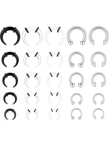 Simple 25 Pcs Black Transparent Silvery Piercing Jewelry Set Trendy Acrylic Stainless Steel Septum Stretcher Set for Women Men Stylish Nose Rings Cute Earrings